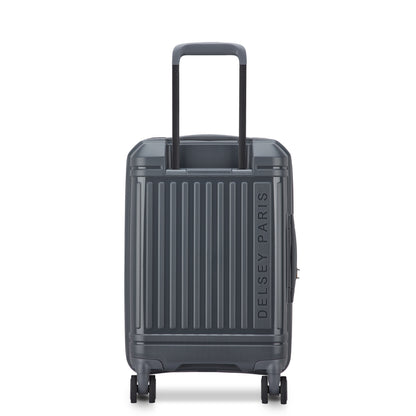Mala de bordo expansível cinza escuro da DELSEY, com design rígido, rodas giratórias e alça retrátil, ideal para viagens com estilo e durabilidade premium.