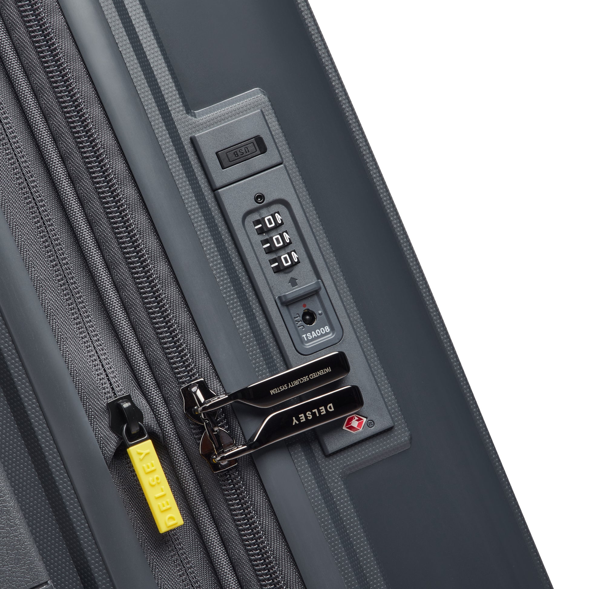 Fechadura TSA embutida em mala de bordo cinza escuro da DELSEY, com zíper antifurto e design resistente para maior segurança em viagens.