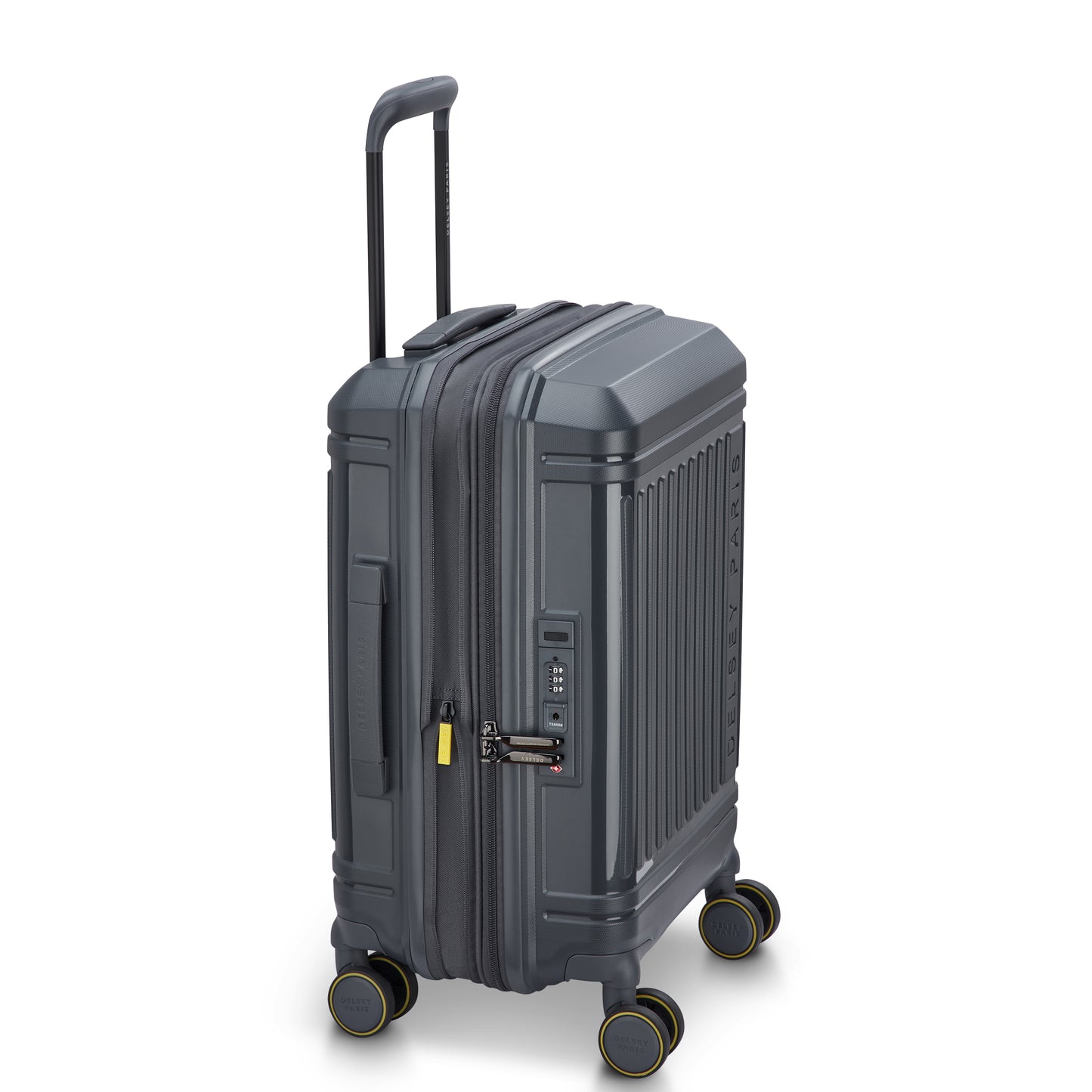 Mala de bordo expansível cinza escuro da DELSEY, confeccionada em material rígido com design moderno, rodas giratórias duplas e trava TSA para maior segurança em viagens.