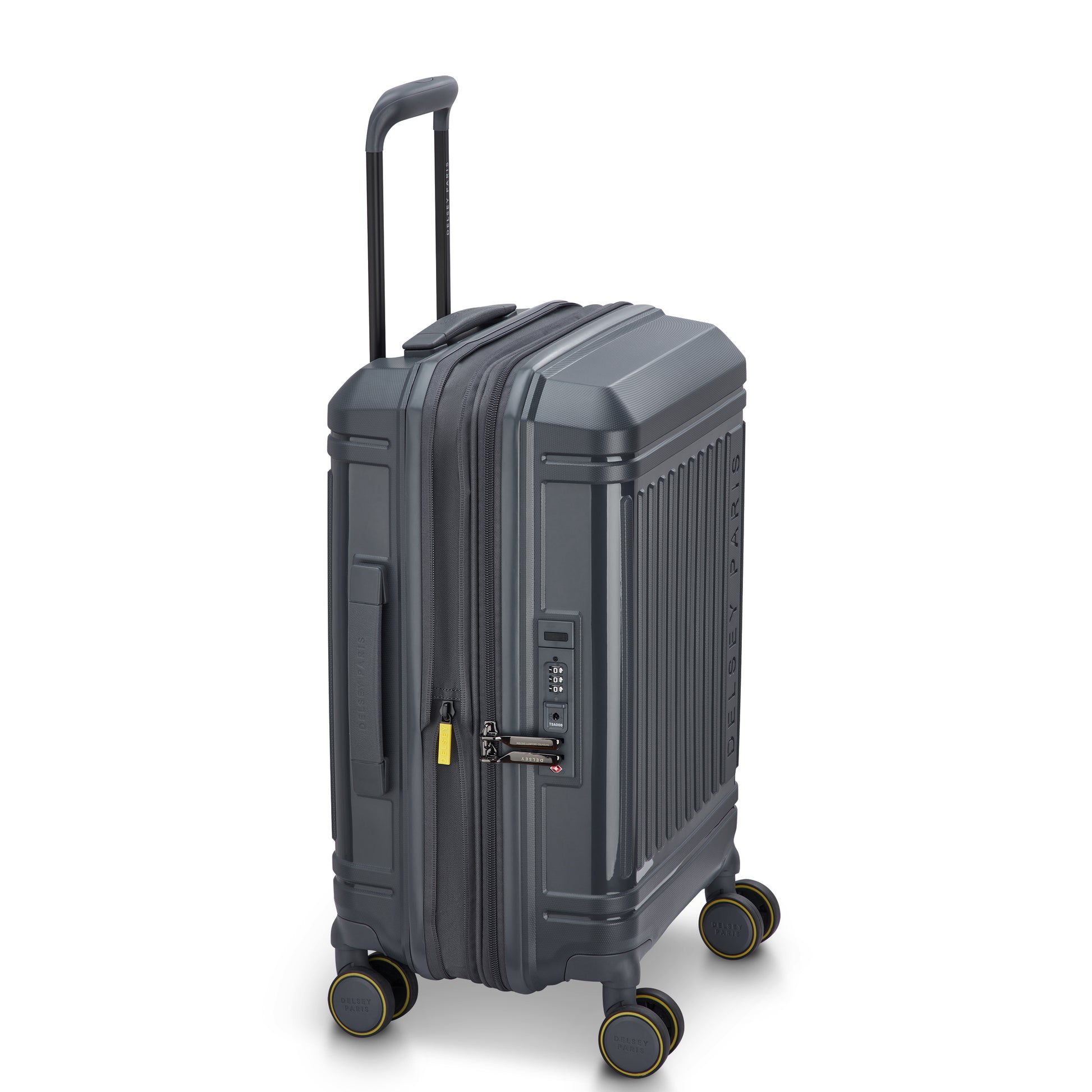 Mala de bordo expansível cinza escuro da DELSEY, confeccionada em material rígido com design moderno, rodas giratórias duplas e trava TSA para maior segurança em viagens.