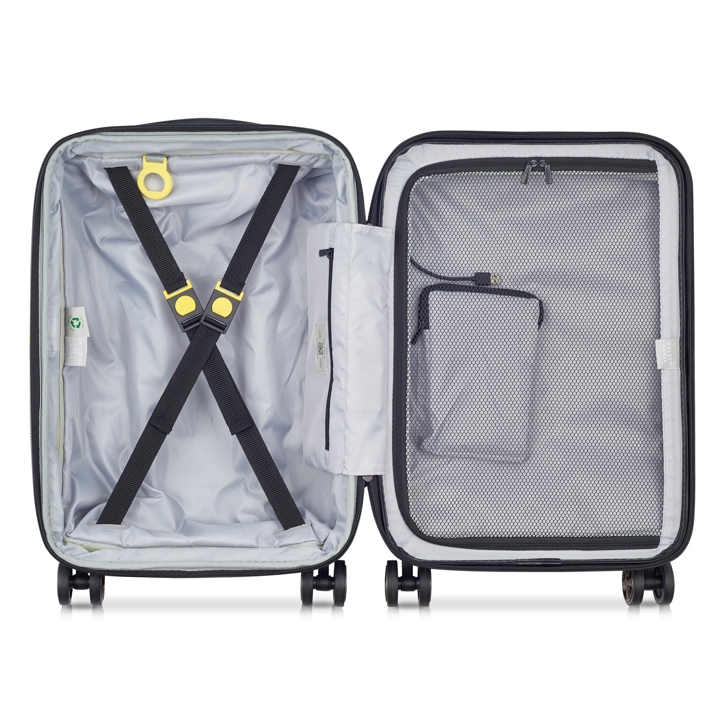 Mala de bordo expansível DELSEY aberta, mostrando compartimento interno com cintas de fixação e bolso organizador em tela para acessórios, ideal para viagens.