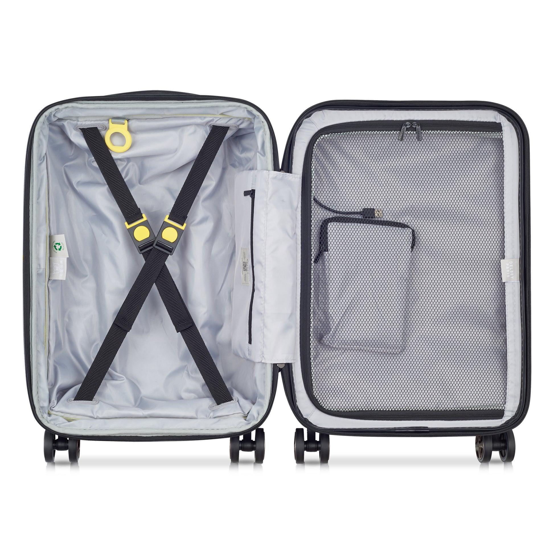 Mala de bordo expansível DELSEY aberta, mostrando compartimento interno com cintas de fixação e bolso organizador em tela para acessórios, ideal para viagens.