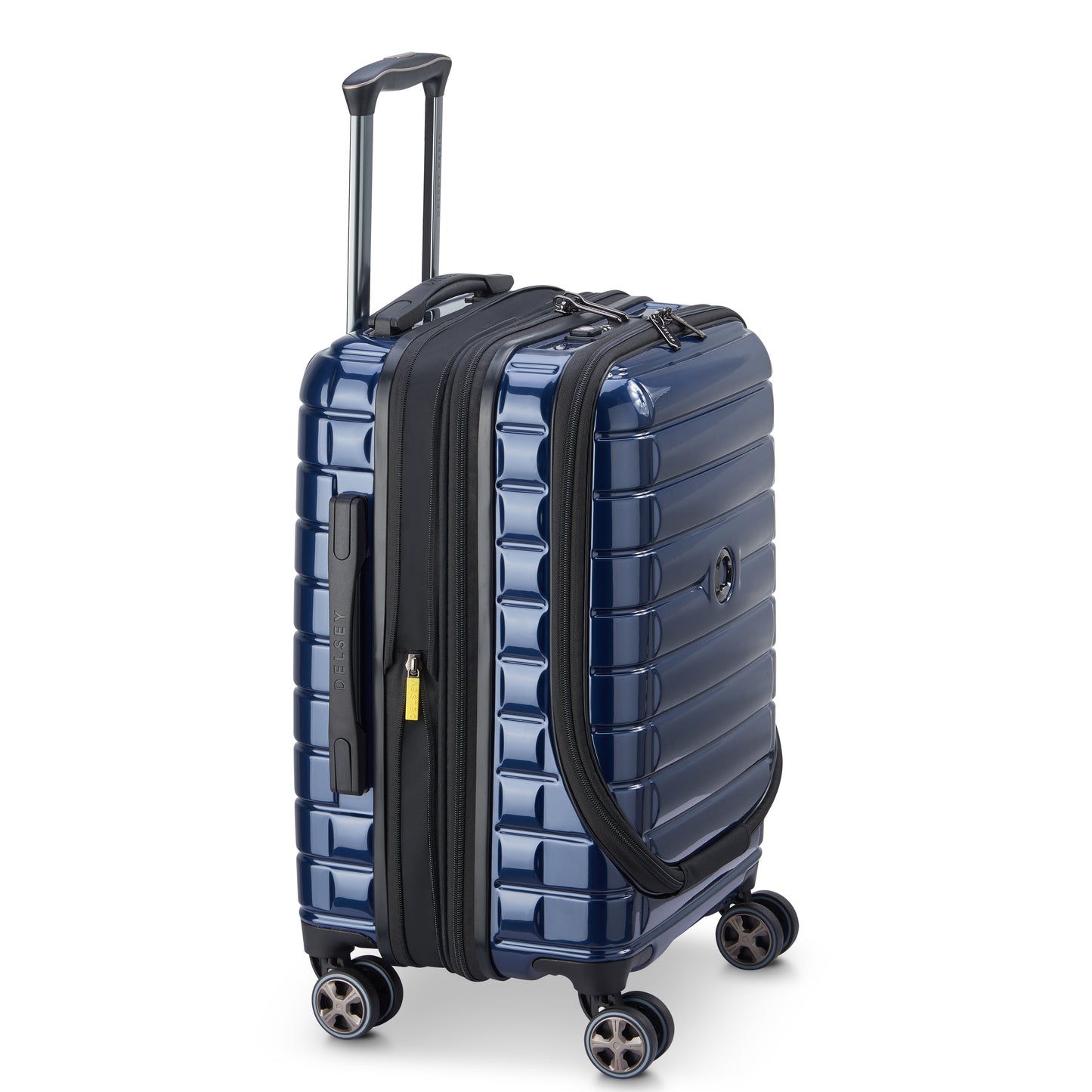 Mala de bordo expansível na cor azul escuro da DELSEY com design rígido, rodas giratórias e porta notebook, ideal para viagens com qualidade e durabilidade premium.