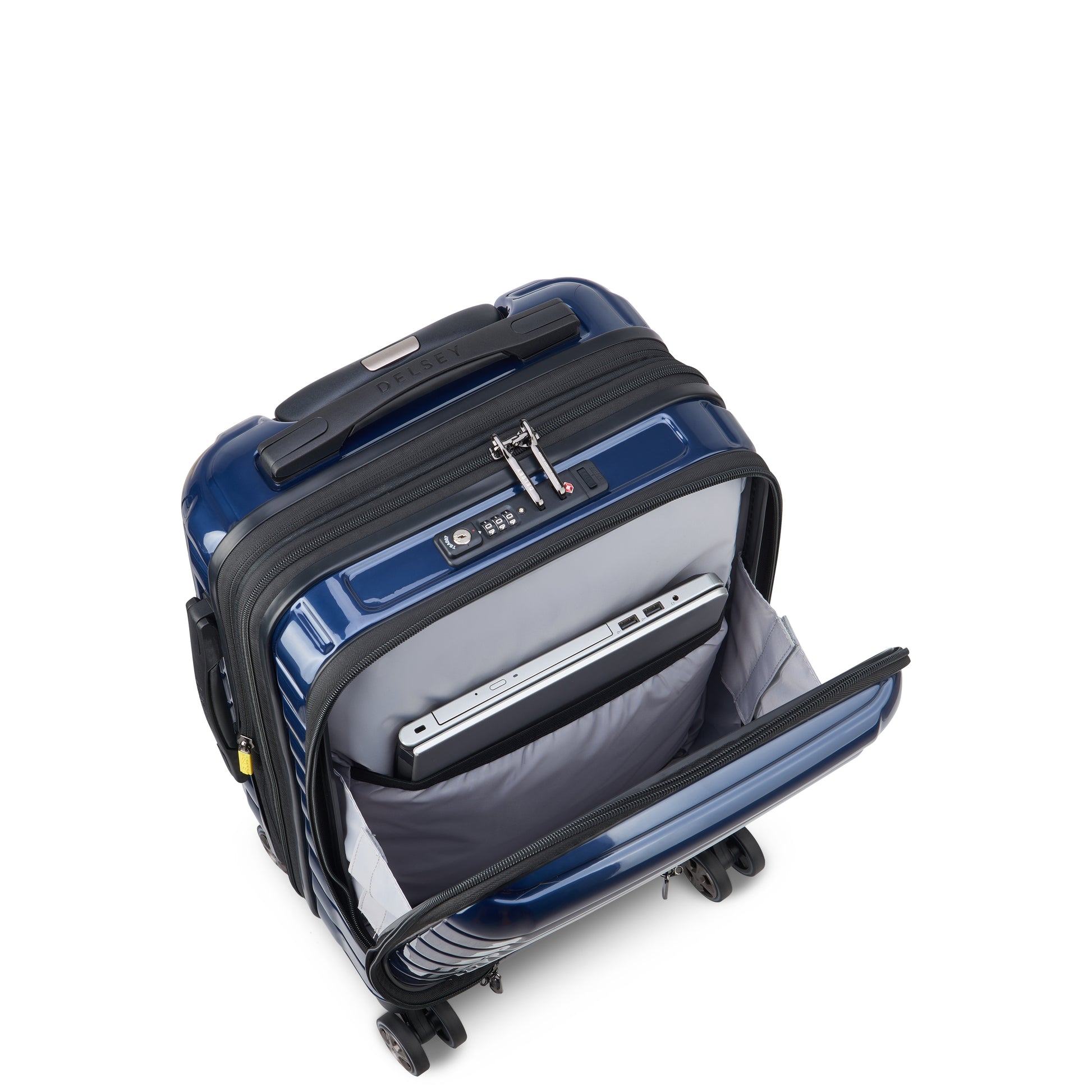 Mala de bordo expansível em azul escuro da DELSEY com compartimento especial para notebook, design resistente, zíper com trava TSA e rodas giratórias para maior mobilidade.