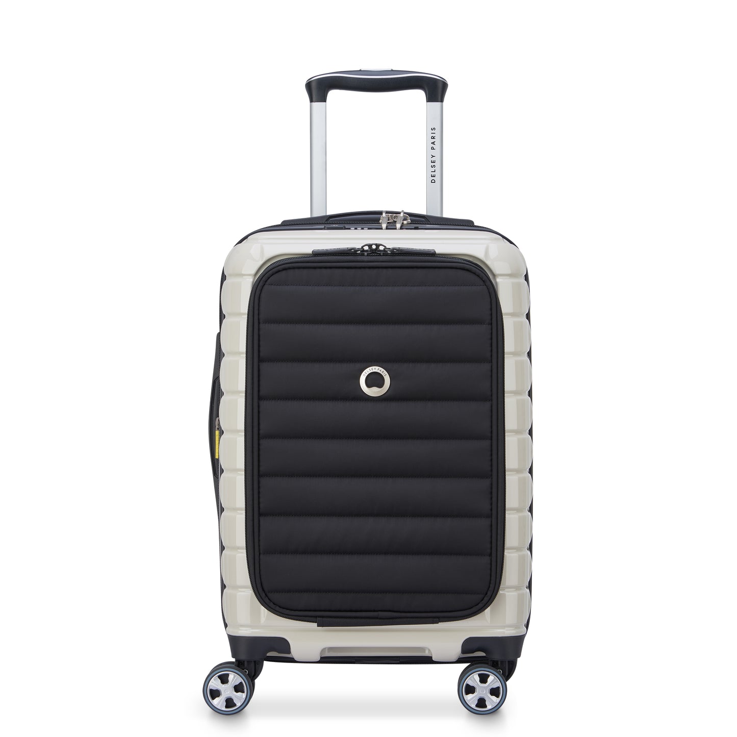 Mala de bordo expandível off white com porta notebook, rodinhas giratórias e acabamento em polipropileno resistente, fabricada pela DELSEY, ideal para viagens compactas e organização.