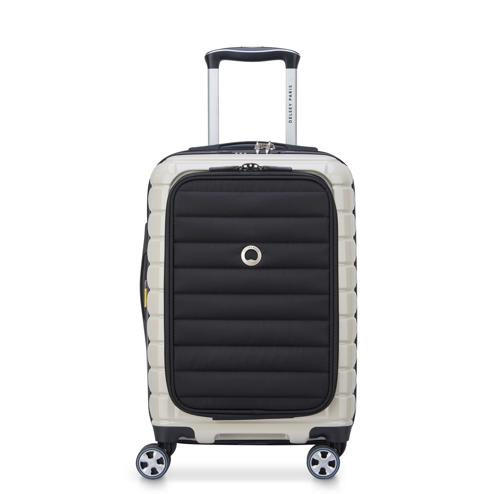 Mala de bordo expandível off white com porta notebook, rodinhas giratórias e acabamento em polipropileno resistente, fabricada pela DELSEY, ideal para viagens compactas e organização.