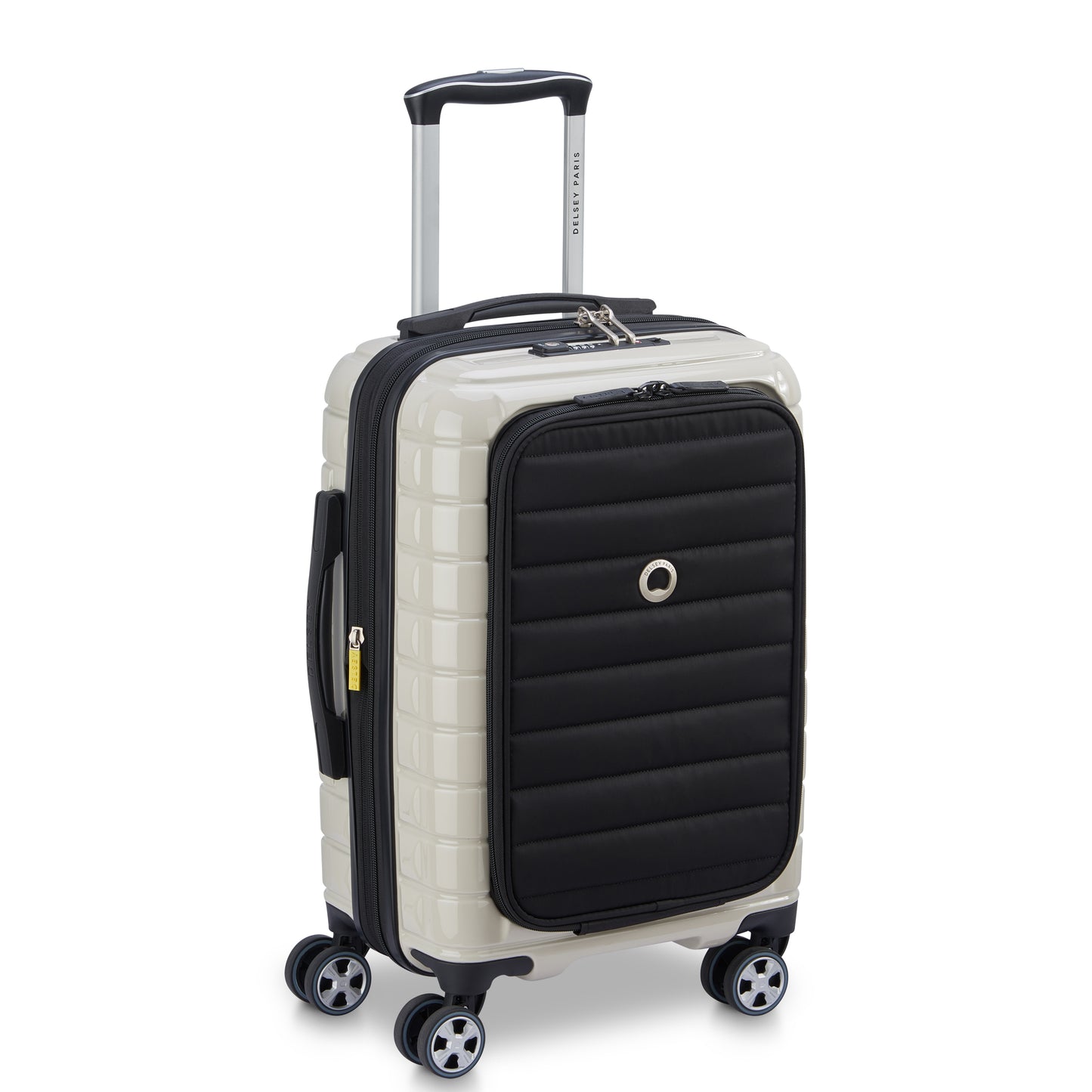 Mala de bordo off white com expansão, porta notebook frontal em tecido acolchoado preto, rodas duplas 360 graus e puxador telescópico com logotipo DELSEY, ideal para viagens.