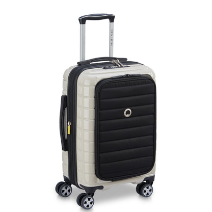 Mala de bordo off white com expansão, porta notebook frontal em tecido acolchoado preto, rodas duplas 360 graus e puxador telescópico com logotipo DELSEY, ideal para viagens.