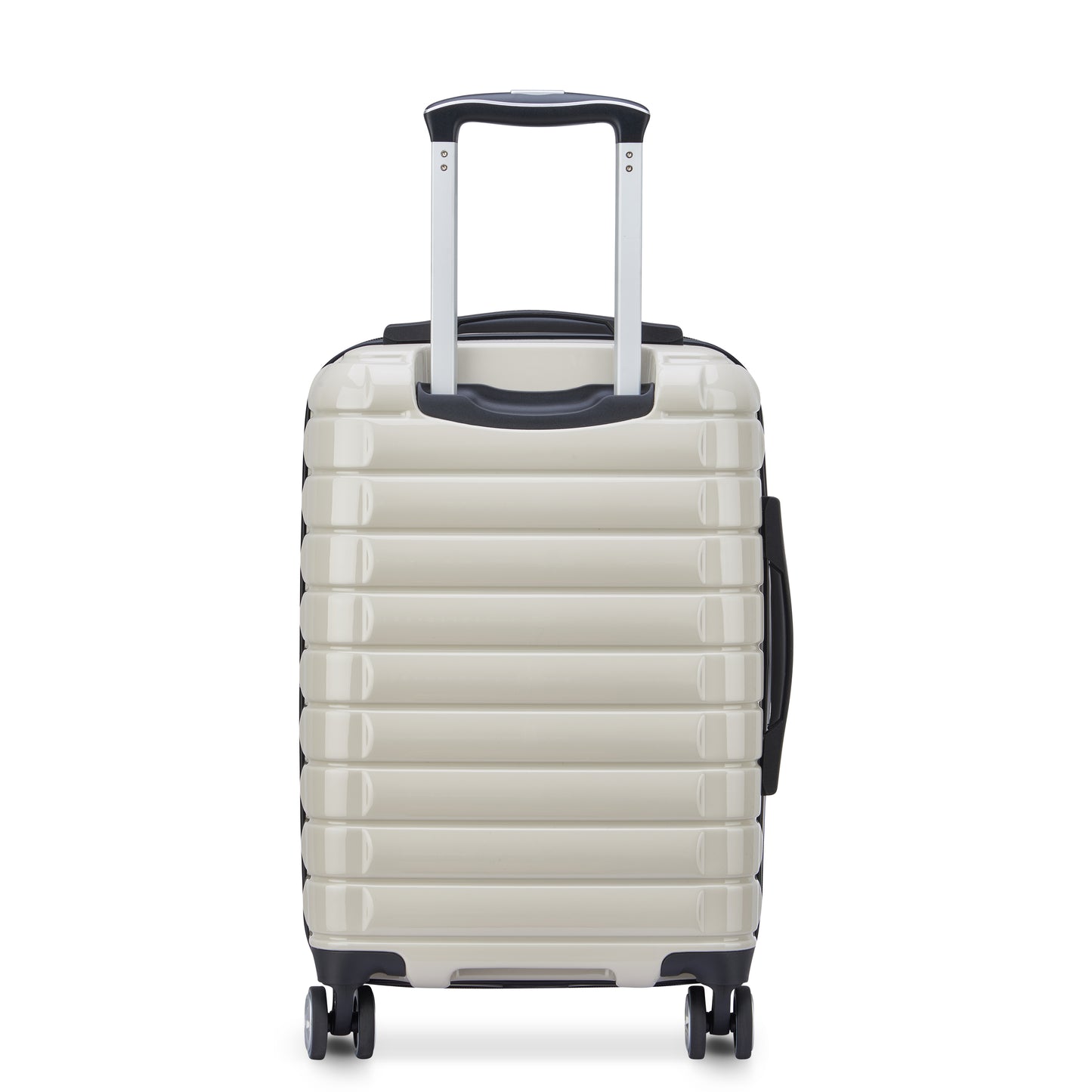 Mala de bordo pequena off white da DELSEY, rígida, expansível, com alça telescópica e rodinhas para facilitar o transporte em viagens.