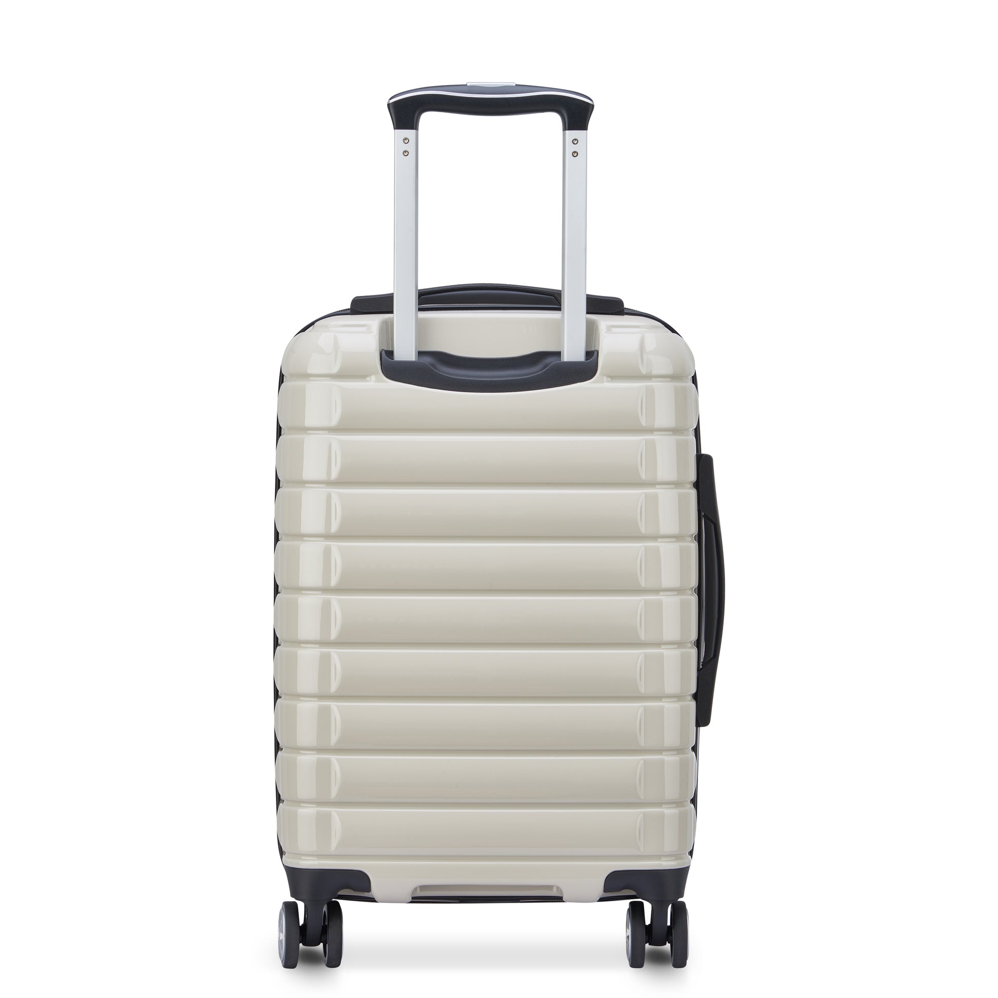 Mala de bordo pequena off white da DELSEY, rígida, expansível, com alça telescópica e rodinhas para facilitar o transporte em viagens.
