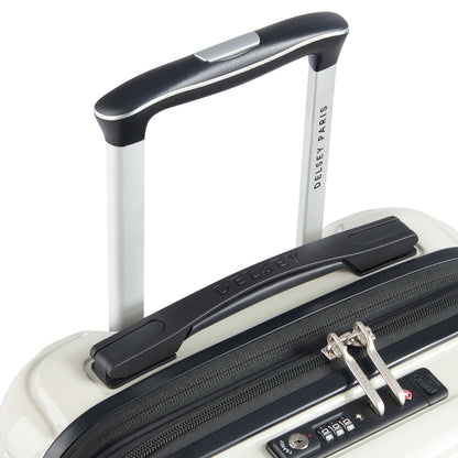 Detalhe da alça retrátil e do zíper com cadeado TSA em mala de bordo expansível off white da DELSEY, combinando design elegante e funcionalidade para viagens.