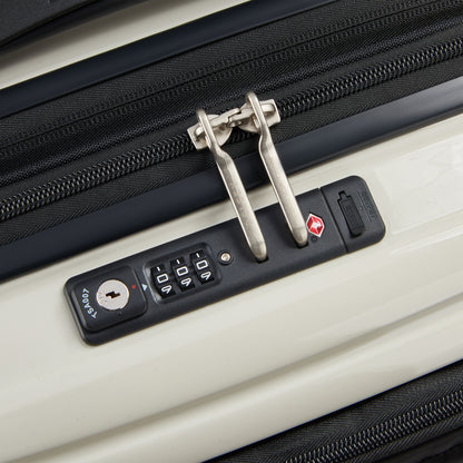 Fechadura TSA com zíper antifurto em mala de bordo expansível off white da DELSEY, design seguro e resistente para viagens internacionais.