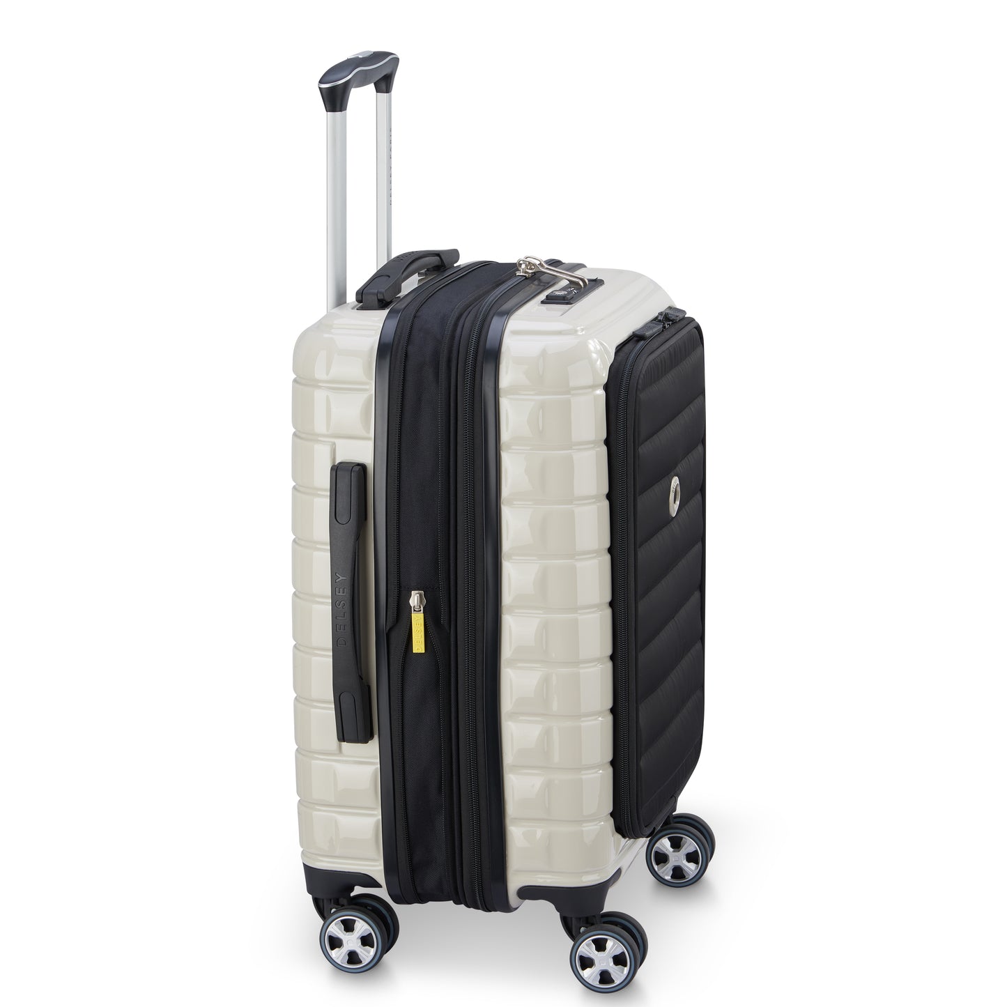 Mala de bordo off white expansível com porta notebook, design moderno e rodas giratórias 360 graus, fabricada pela DELSEY, referência em malas duráveis e inovadoras.