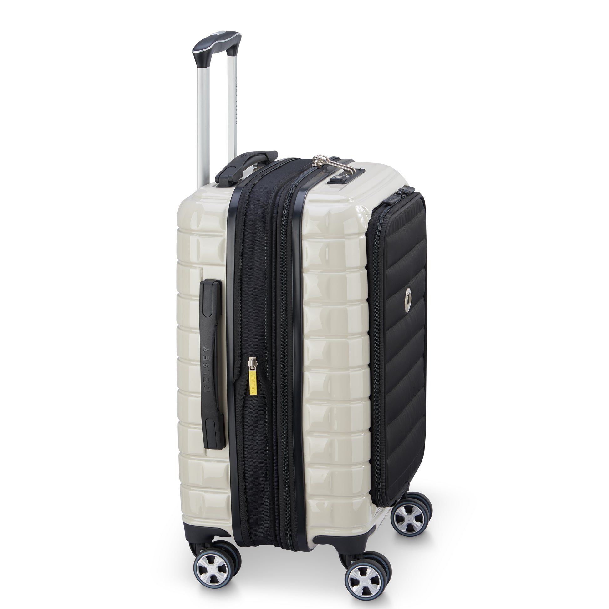 Mala de bordo off white expansível com porta notebook, design moderno e rodas giratórias 360 graus, fabricada pela DELSEY, referência em malas duráveis e inovadoras.