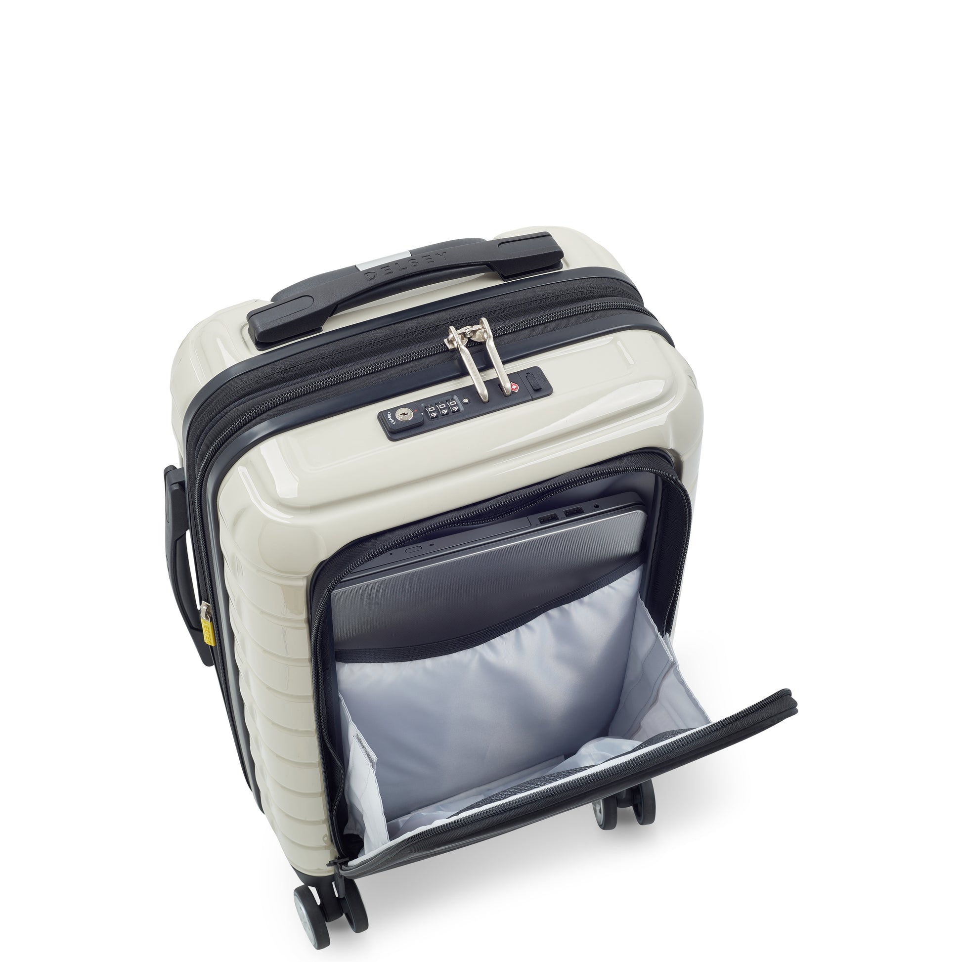 Mala de bordo off white da DELSEY com compartimento expansível e porta notebook, design rígido e moderno, ideal para viagens com segurança e funcionalidade.