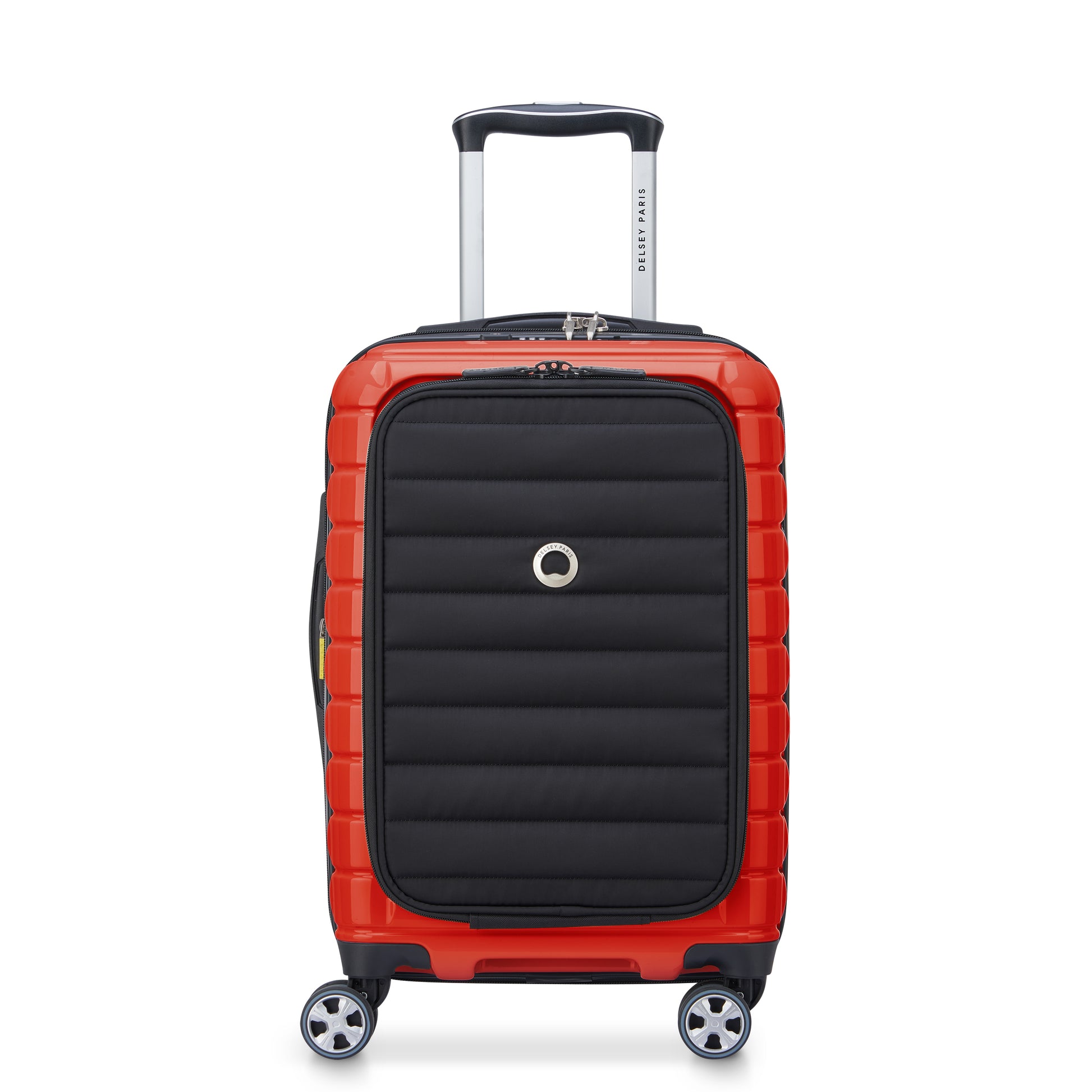 Mala de bordo rígida expansível laranja da DELSEY com porta notebook, design moderno e resistente, ideal para viagens com sistema de zíper antifurto e rodas giratórias.