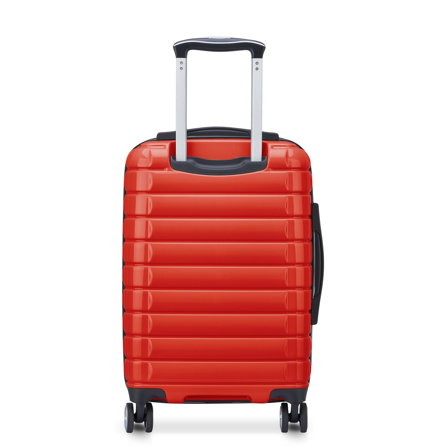 Mala de bordo pequena expansível na cor laranja vibrante, com puxador retrátil e rodas giratórias, da DELSEY, ideal para viagens e transporte de notebook com resistência e design moderno.