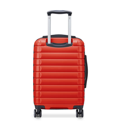 Mala de bordo pequena expansível na cor laranja vibrante, com puxador retrátil e rodas giratórias, da DELSEY, ideal para viagens e transporte de notebook com resistência e design moderno.