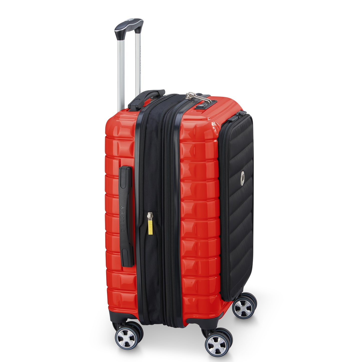 Mala de bordo pequena da DELSEY em polipropileno vermelho com expansão e compartimento para notebook, rodas 360° e design resistente para viagens.