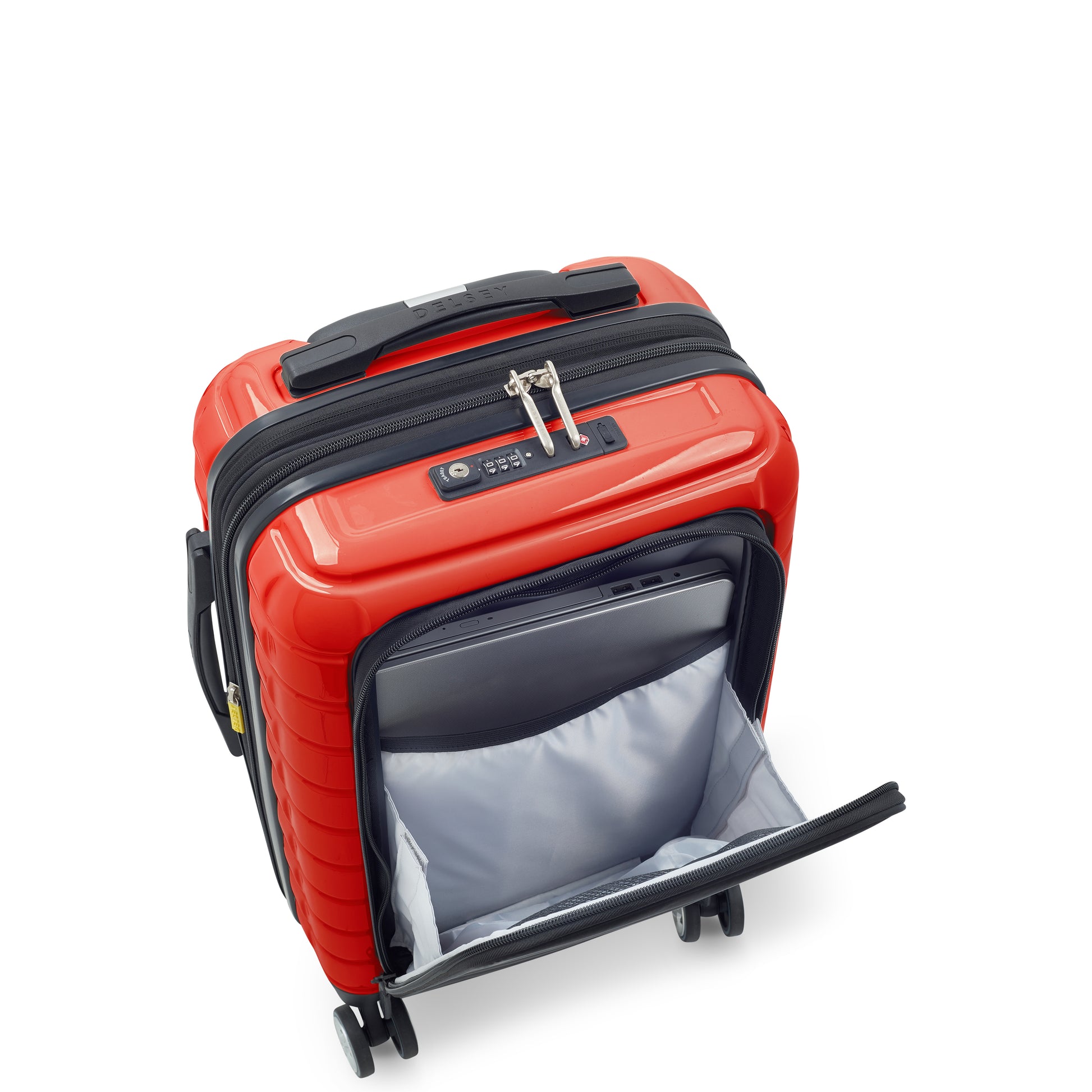 Mala bordo rígida expansível na cor laranja da DELSEY, com compartimento especial para notebook, zíper antifurto e design moderno ideal para viagem e uso prático.