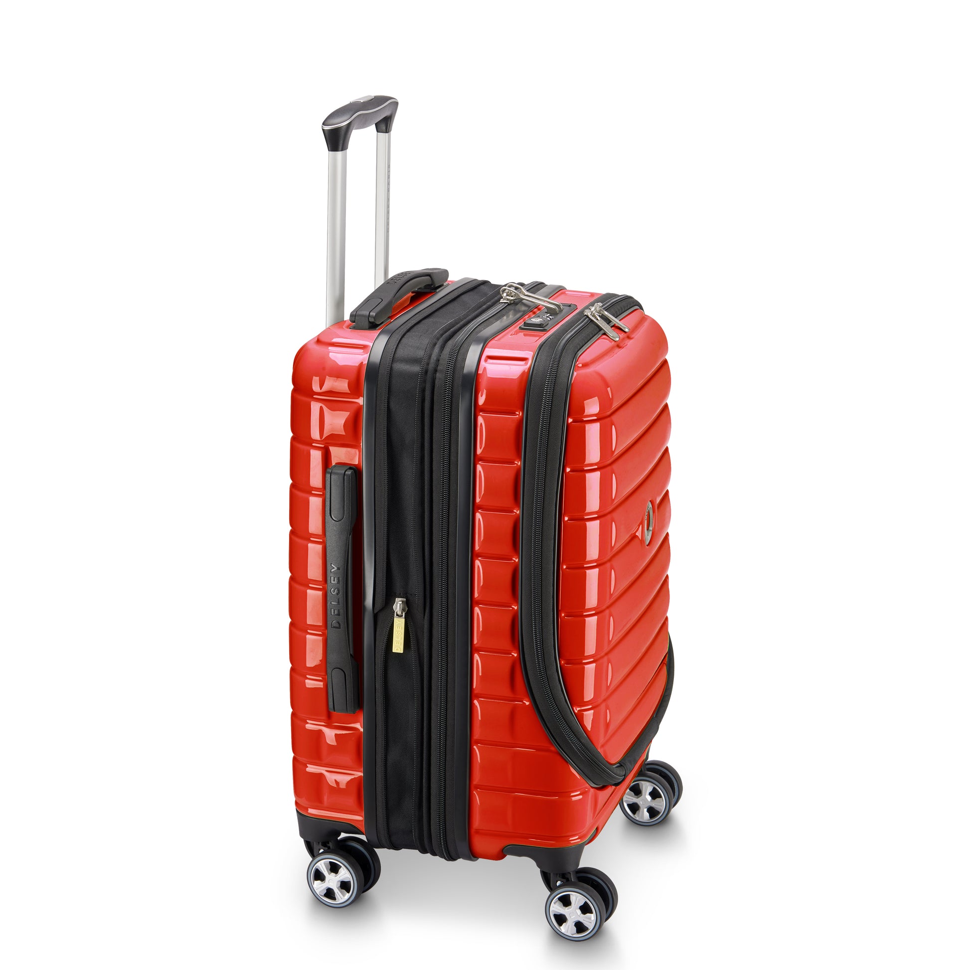 Mala de bordo vermelha expansível com quatro rodas giratórias, alça retrátil, e compartimento para notebook, design durável da DELSEY ideal para viagem e transporte prático.