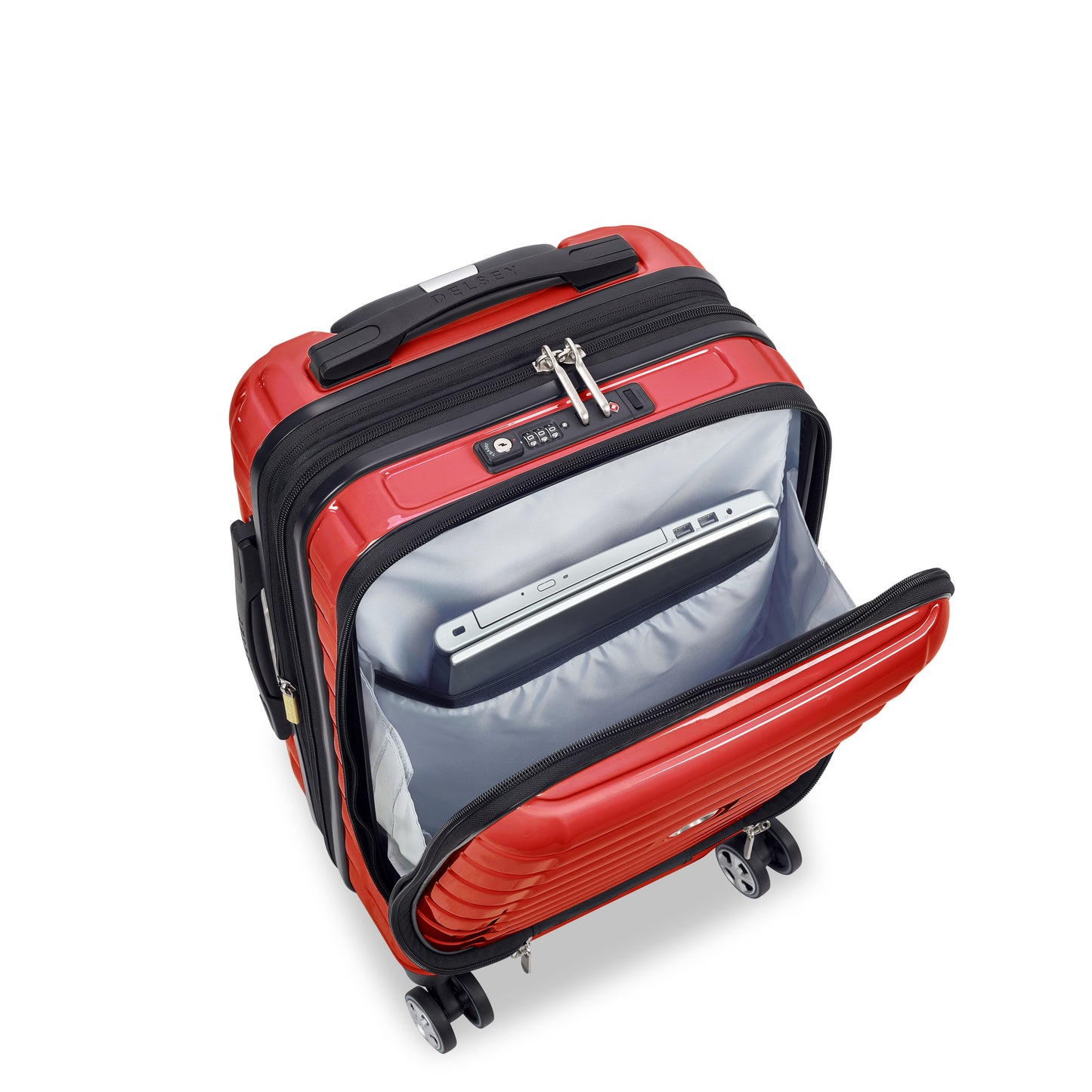 Mala de bordo rígida vermelha da DELSEY com compartimento externo para notebook, zíper expandível e rodas giratórias para maior facilidade em viagens.
