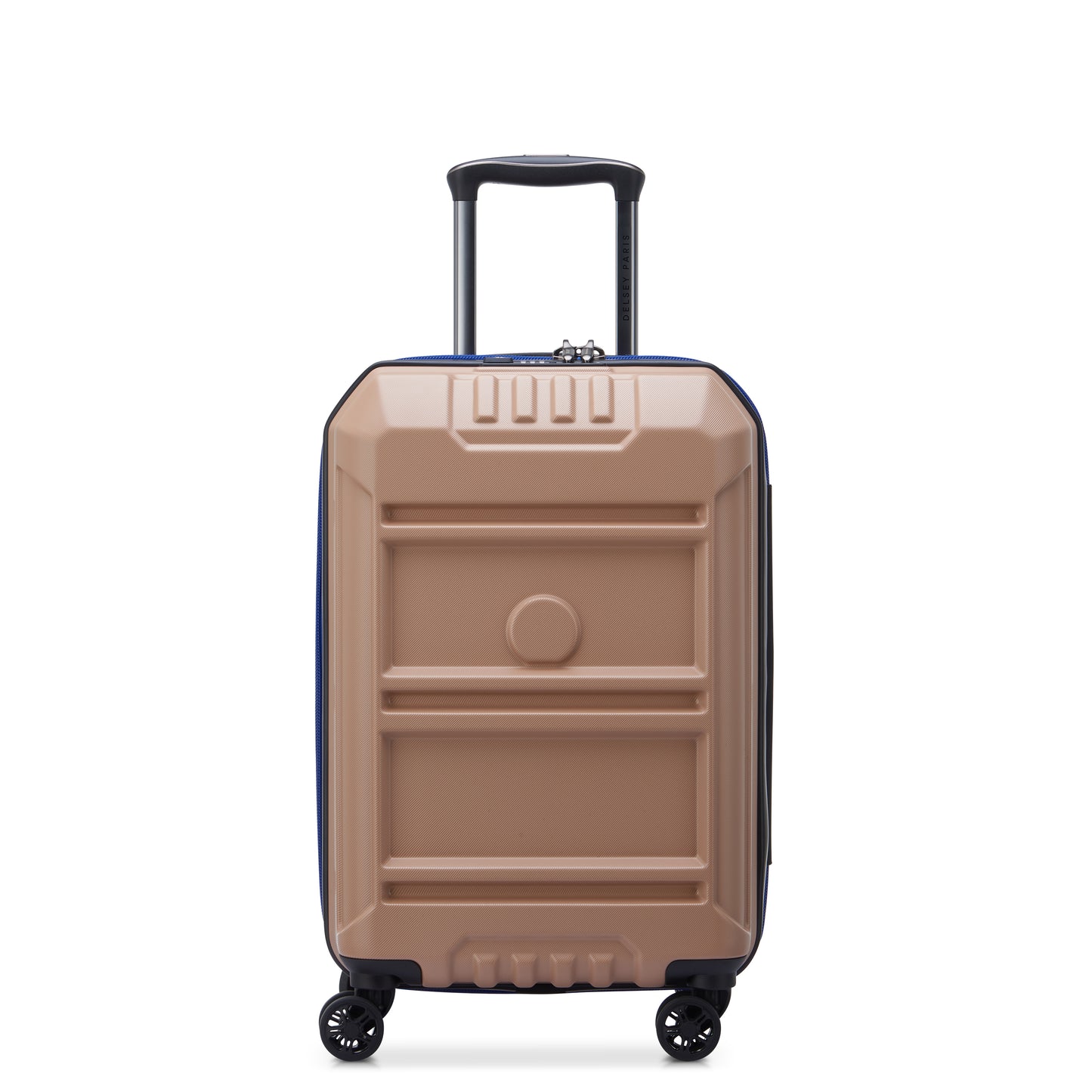Mala de bordo expansível bege da DELSEY, com estrutura rígida em policarbonato, rodinhas giratórias e alça retrátil, ideal para viagem com design resistente e funcionalidade premium.