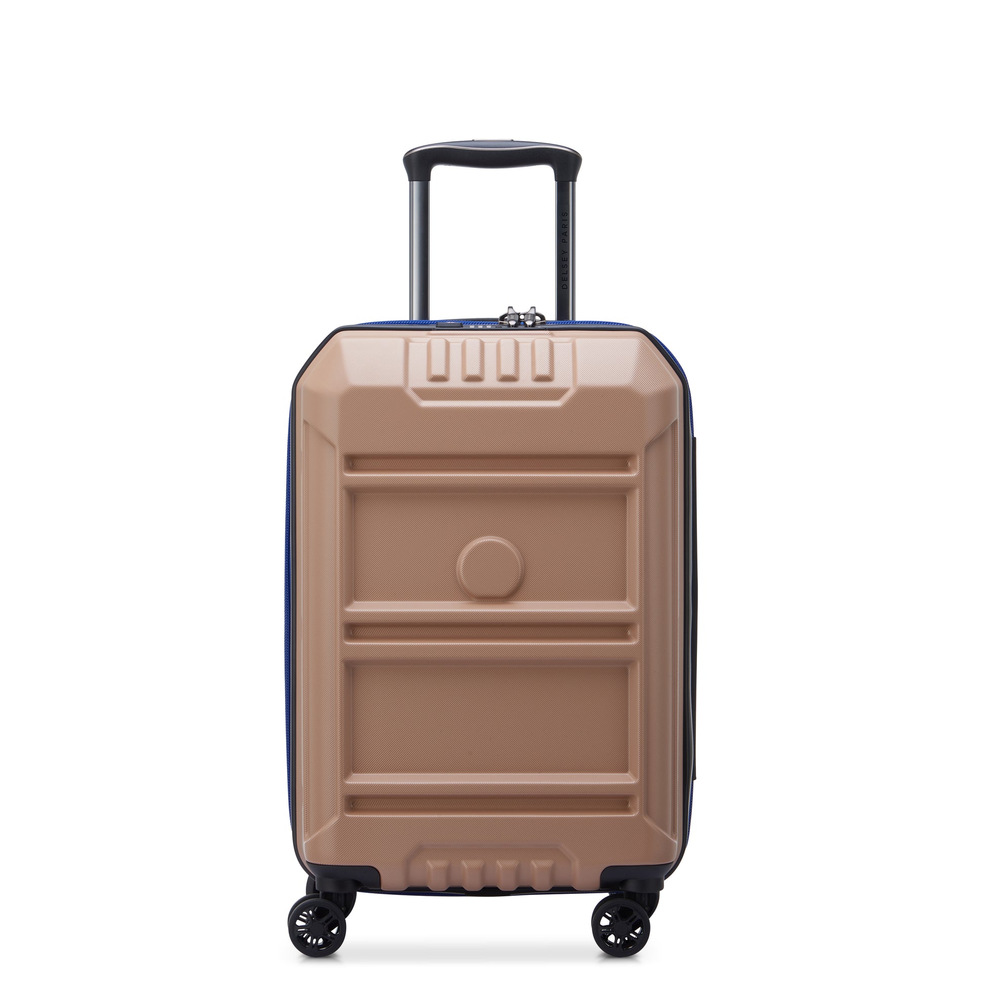 Mala de bordo expansível bege da DELSEY, com estrutura rígida em policarbonato, rodinhas giratórias e alça retrátil, ideal para viagem com design resistente e funcionalidade premium.
