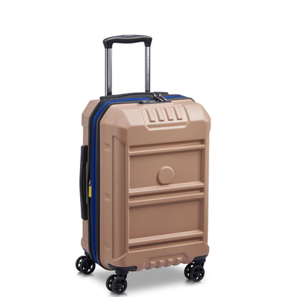 Mala de bordo expansível bege, rígida, com zíper azul e 4 rodas giratórias, design moderno e durável da marca francesa DELSEY, ideal para viagens médias e curtas.