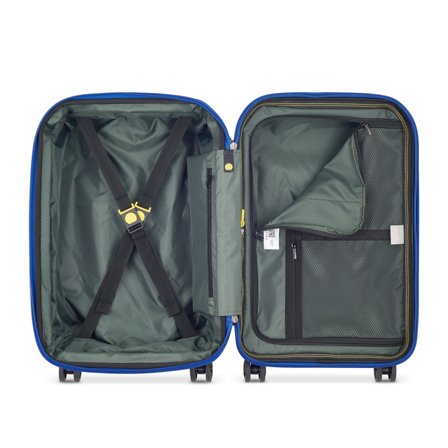 Mala de bordo azul DELSEY com interior espaçoso, compartimentos organizadores em tecido resistente e tiras de fixação internas para melhor acomodação dos objetos durante a viagem.