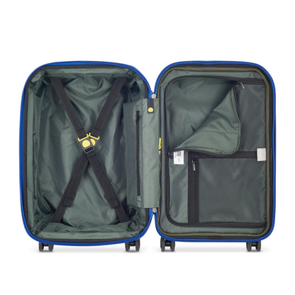 Mala de bordo azul DELSEY com interior espaçoso, compartimentos organizadores em tecido resistente e tiras de fixação internas para melhor acomodação dos objetos durante a viagem.