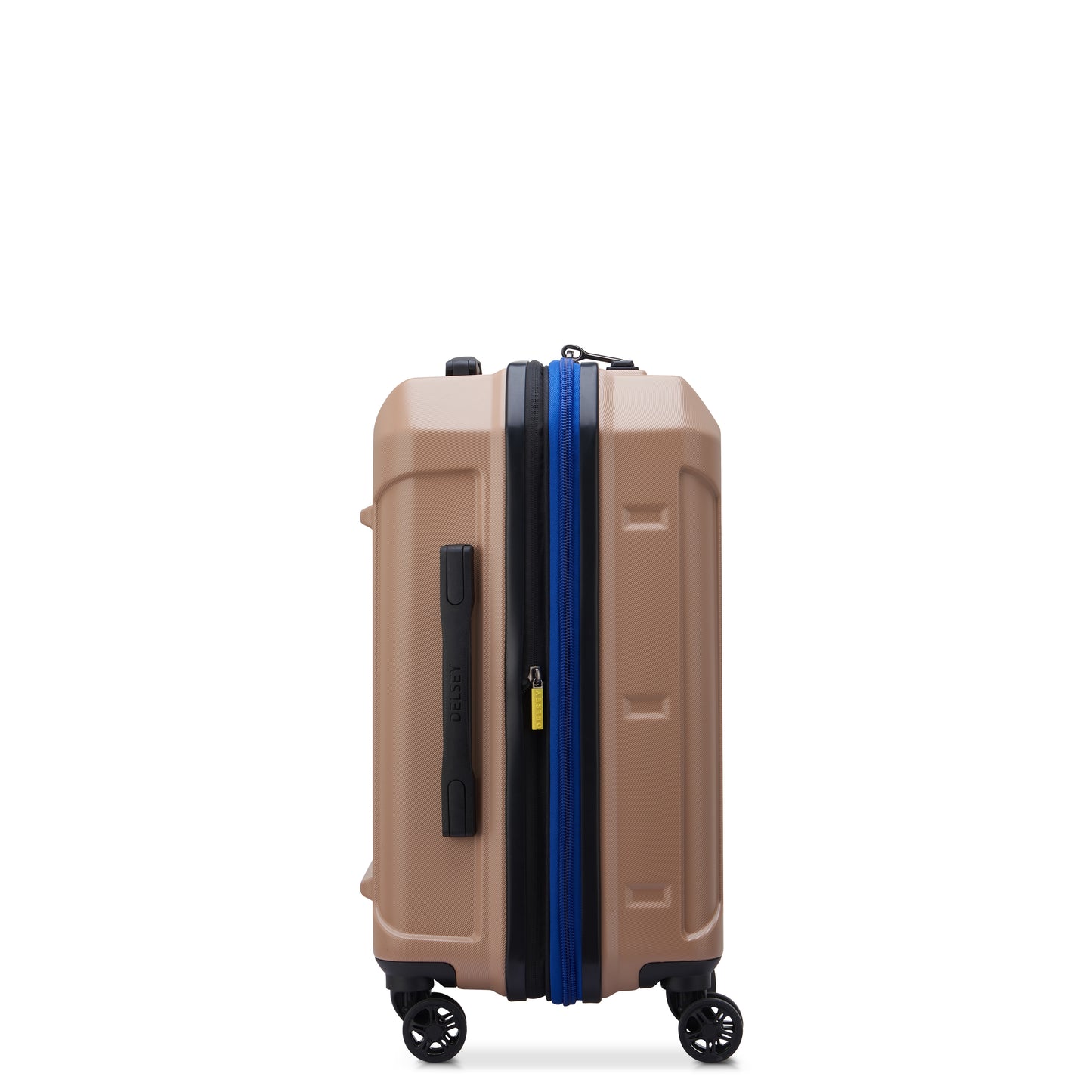 Mala de bordo expansível bege da DELSEY, rígida em policarbonato com zíper azul, quatro rodas giratórias e design resistente para viagens práticas e seguras.