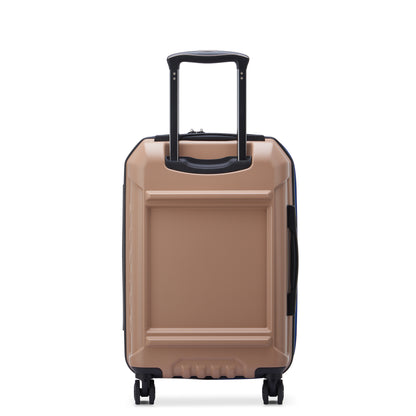 Mala de bordo expansível bege da DELSEY, rígida em material resistente com rodas giratórias e alça retrátil, ideal para viagens com design elegante e durável.