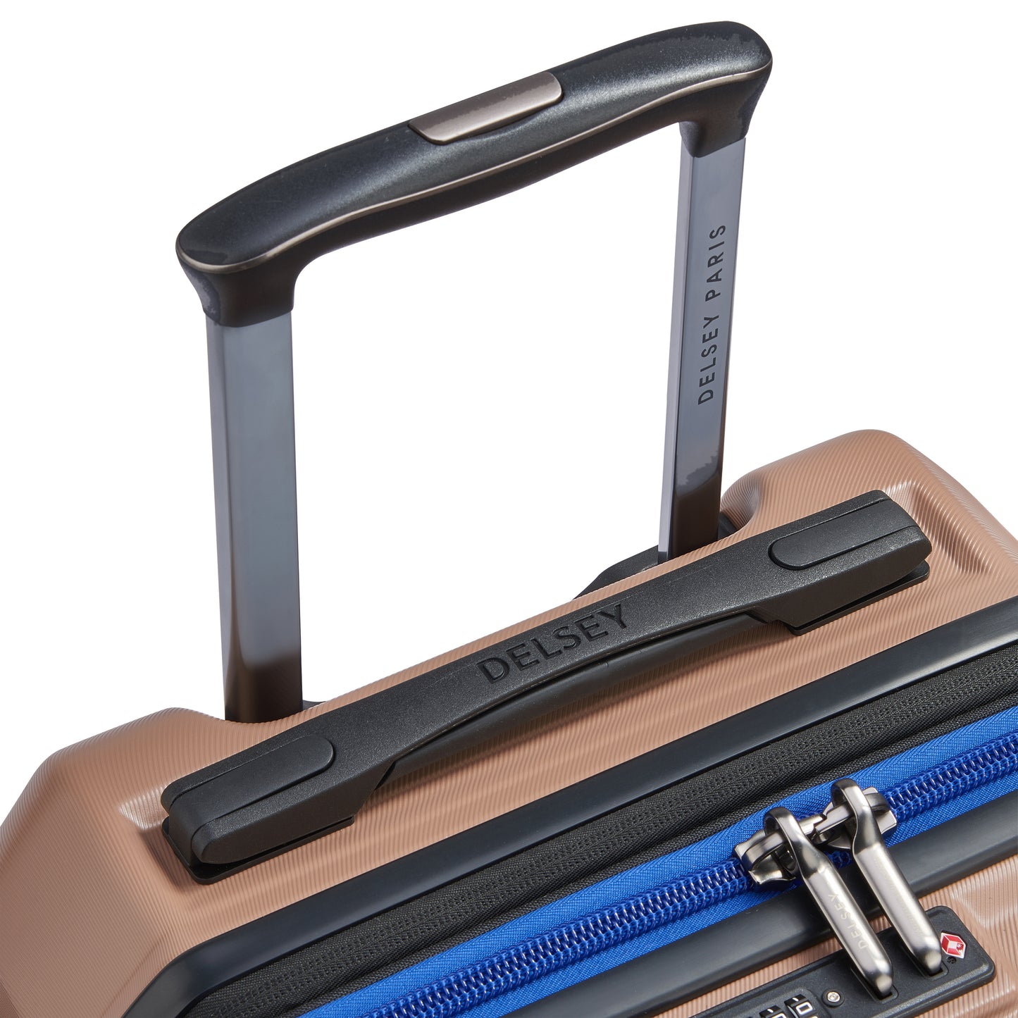 Alça retrátil e rígida com acabamento em plástico resistente e detalhe em azul na mala bordo bege da DELSEY, destacando a qualidade e design premium da marca francesa.