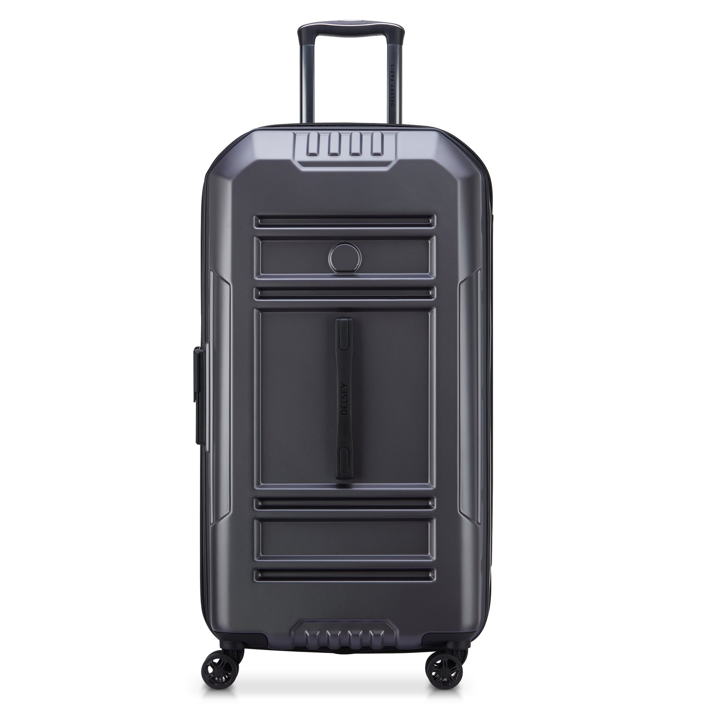Mala grande rígida expansível na cor cinza escuro, modelo trunk da DELSEY, com rodas giratórias e design robusto para facilitar viagens.