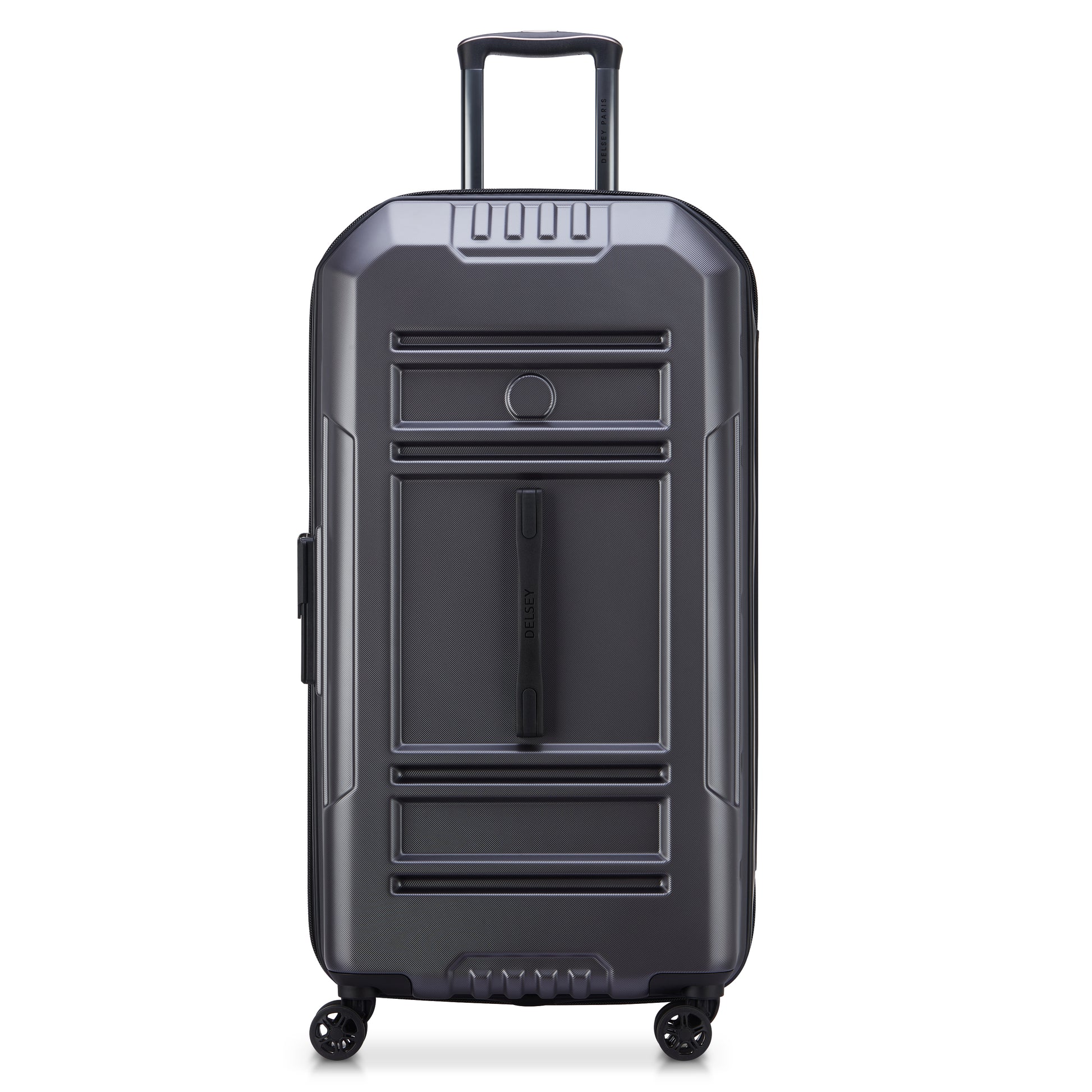 Mala grande rígida expansível na cor cinza escuro, modelo trunk da DELSEY, com rodas giratórias e design robusto para facilitar viagens.