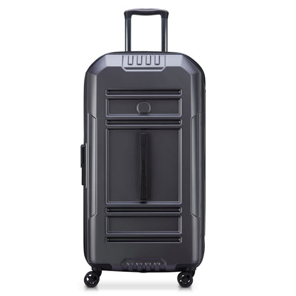 Mala grande rígida expansível na cor cinza escuro, modelo trunk da DELSEY, com rodas giratórias e design robusto para facilitar viagens.