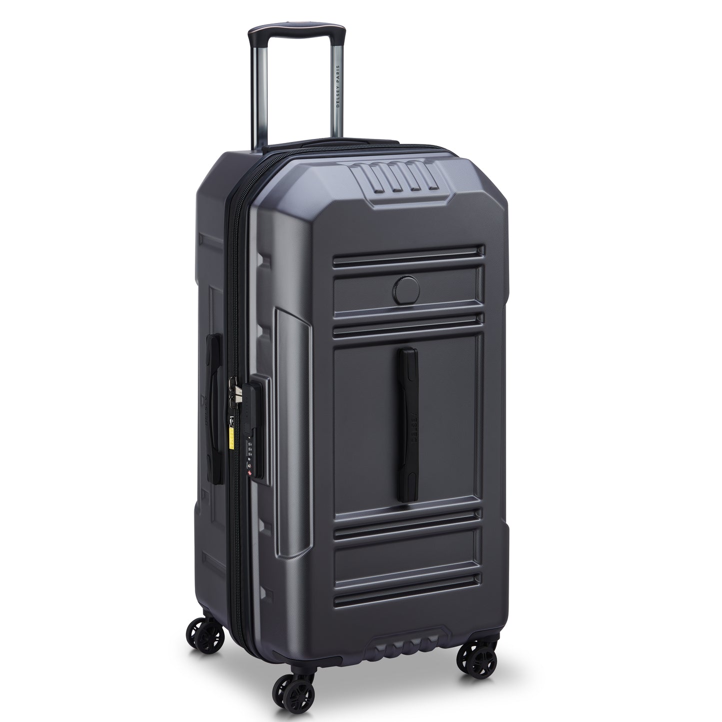 Mala grande expansível cinza escuro da DELSEY com formato trunk rígido, rodas giratórias e design durável ideal para viagens longas e organizada com segurança.