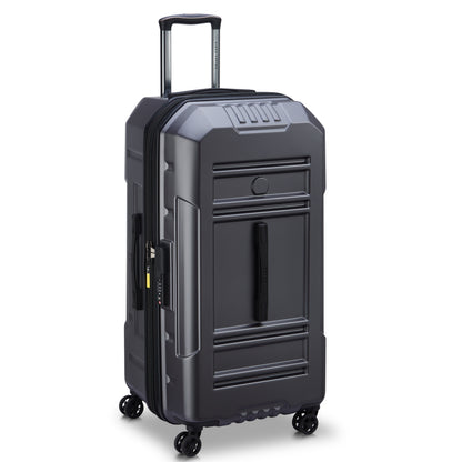 Mala grande expansível cinza escuro da DELSEY com formato trunk rígido, rodas giratórias e design durável ideal para viagens longas e organizada com segurança.