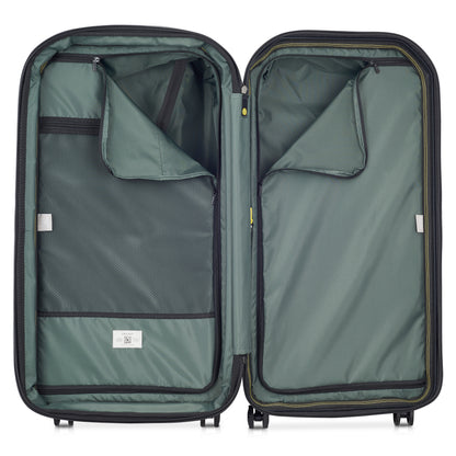 Mala grande expansível DELSEY com compartimentos internos organizados em tecido cinza escuro, ideal para viagem com design resistente e funcional.