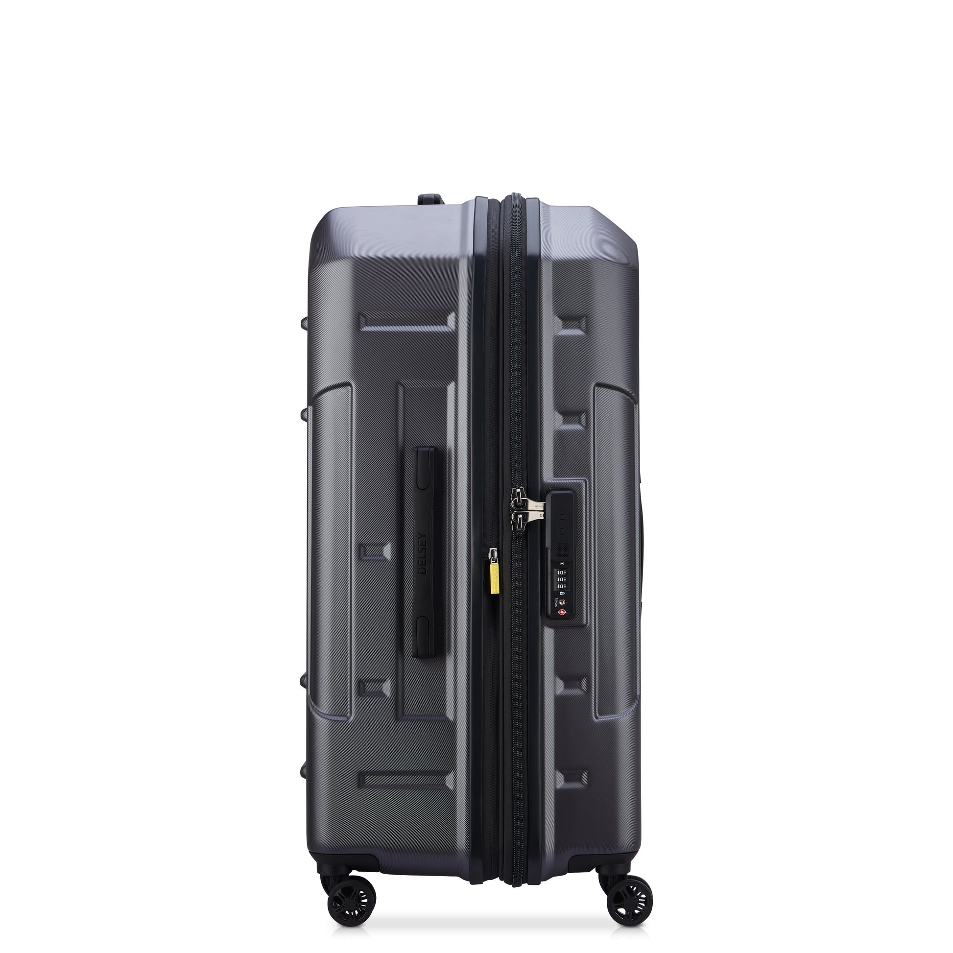 Mala de viagem rígida grande expansível em policarbonato cinza escuro, com zíper antifurto e rodinhas 360°, modelo trunk da DELSEY, ideal para despachar.