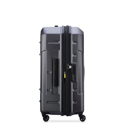 Mala de viagem rígida grande expansível em policarbonato cinza escuro, com zíper antifurto e rodinhas 360°, modelo trunk da DELSEY, ideal para despachar.