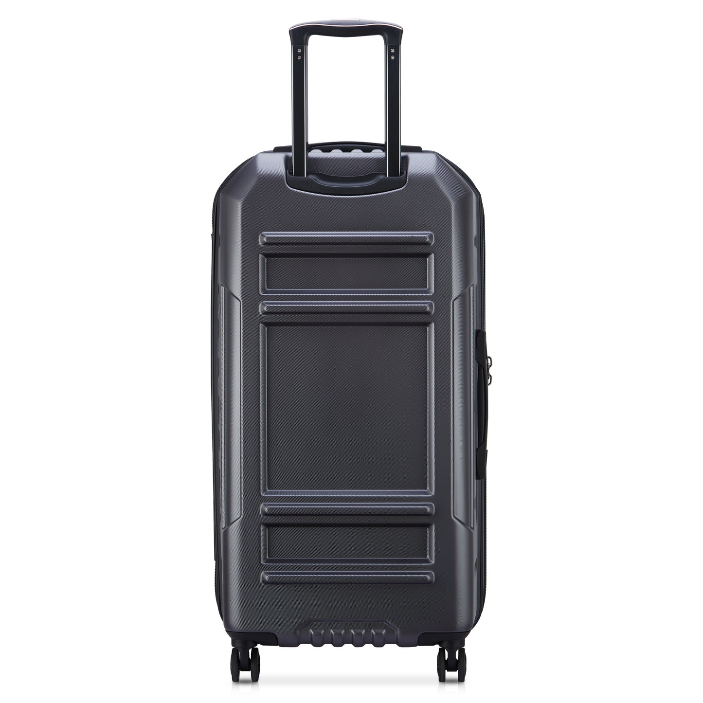 Mala grande rígida expansível cinza escuro em formato trunk com design moderno, alça retrátil e quatro rodas giratórias, marca DELSEY, ideal para viagem.