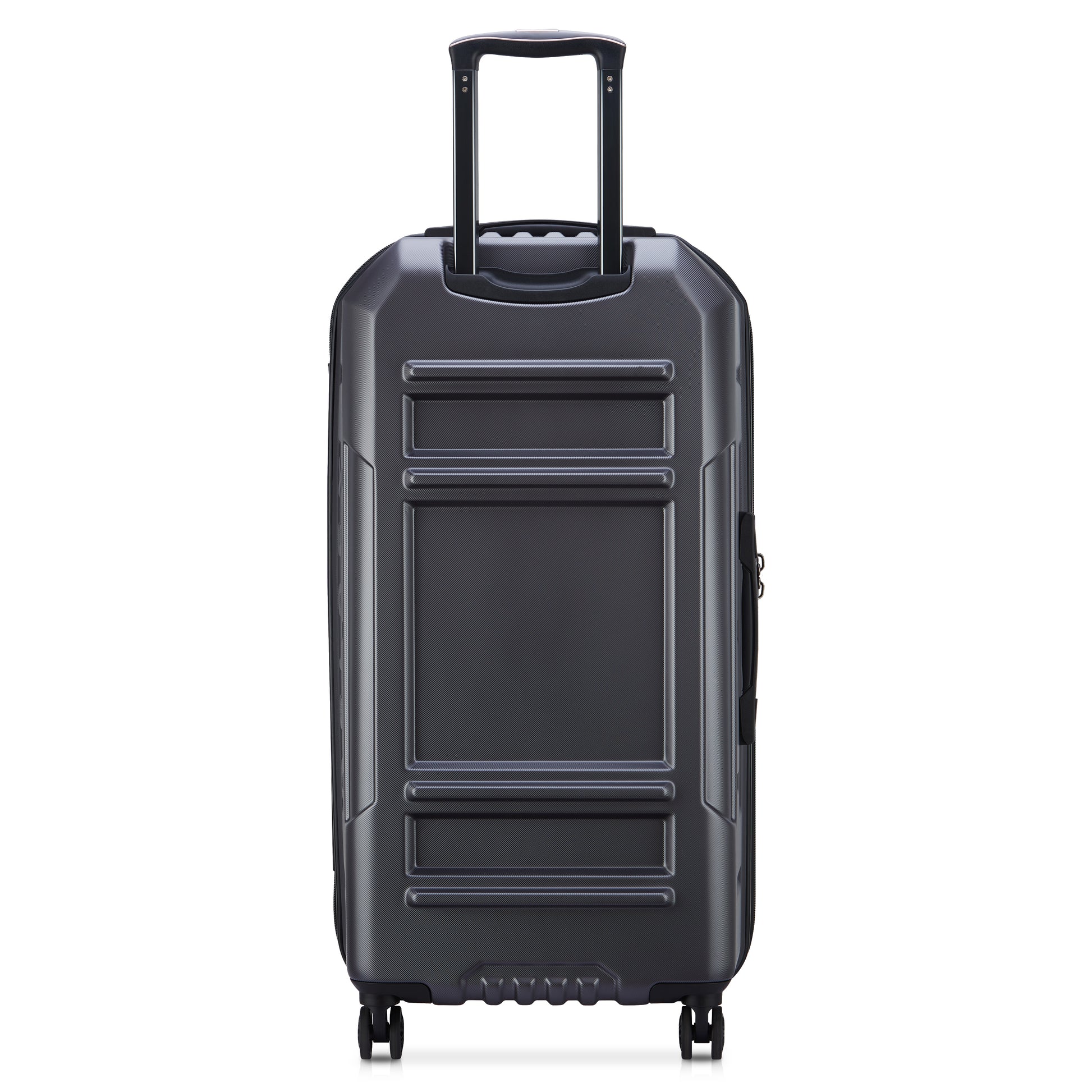 Mala grande rígida expansível cinza escuro em formato trunk com design moderno, alça retrátil e quatro rodas giratórias, marca DELSEY, ideal para viagem.