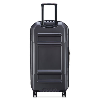 Mala grande rígida expansível cinza escuro em formato trunk com design moderno, alça retrátil e quatro rodas giratórias, marca DELSEY, ideal para viagem.