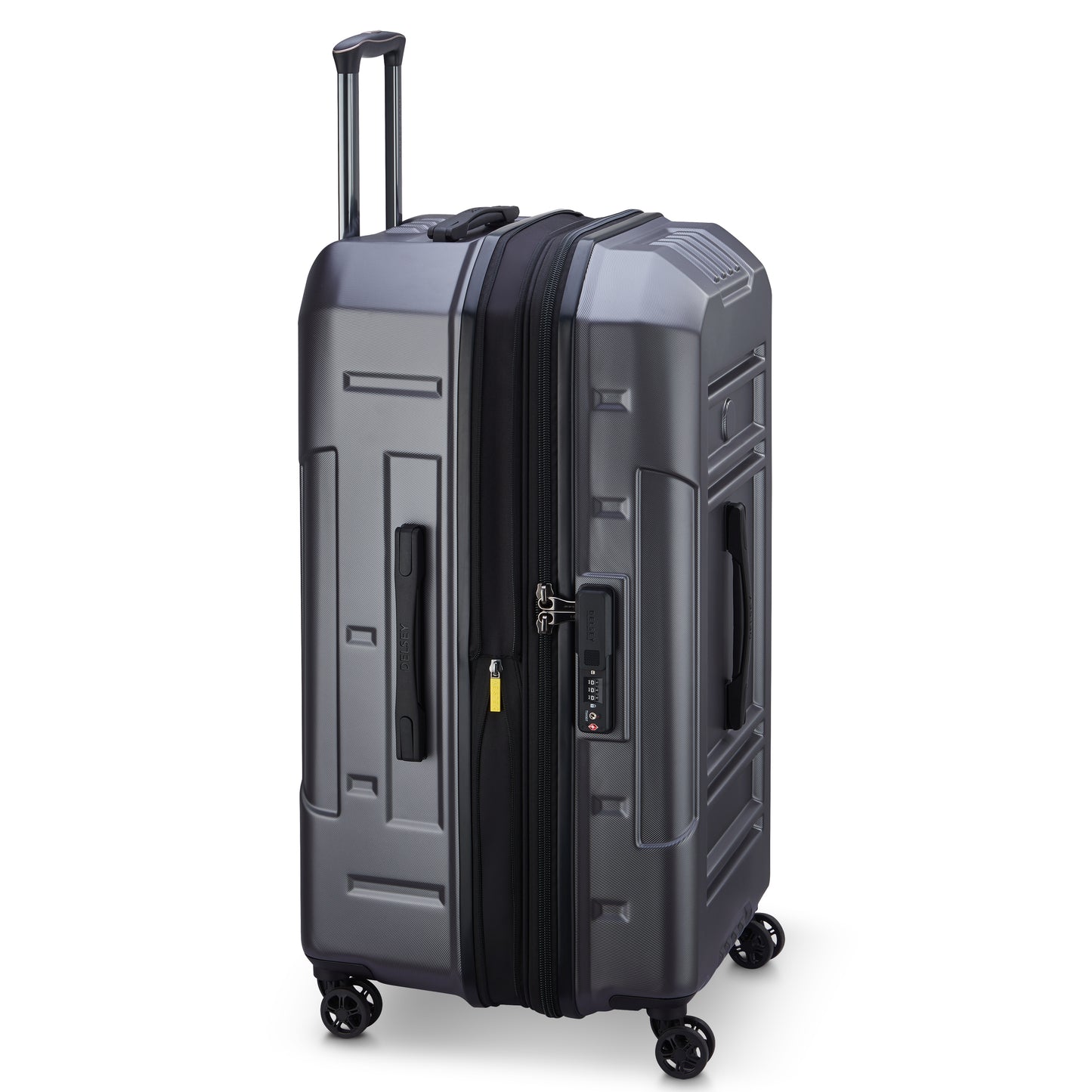 Mala grande expansível de policarbonato rígido em cinza escuro, com rodas 360 graus, alça retrátil e trava TSA, da DELSEY, ideal para viagens longas com alta durabilidade.
