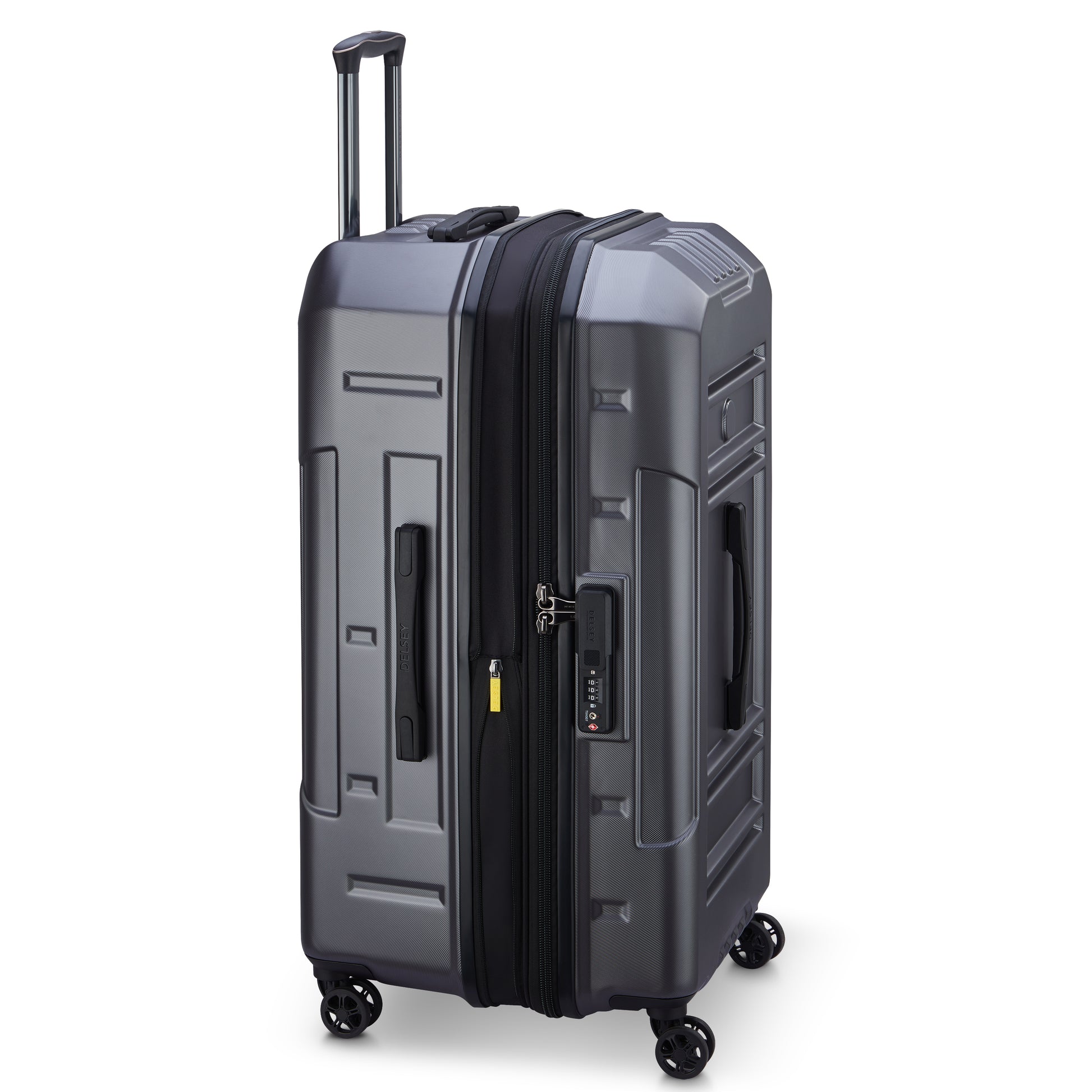 Mala grande expansível de policarbonato rígido em cinza escuro, com rodas 360 graus, alça retrátil e trava TSA, da DELSEY, ideal para viagens longas com alta durabilidade.