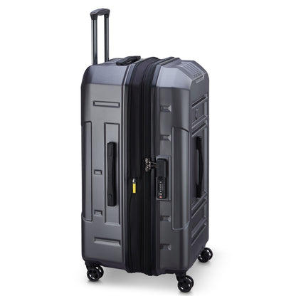 Mala grande expansível de policarbonato rígido em cinza escuro, com rodas 360 graus, alça retrátil e trava TSA, da DELSEY, ideal para viagens longas com alta durabilidade.