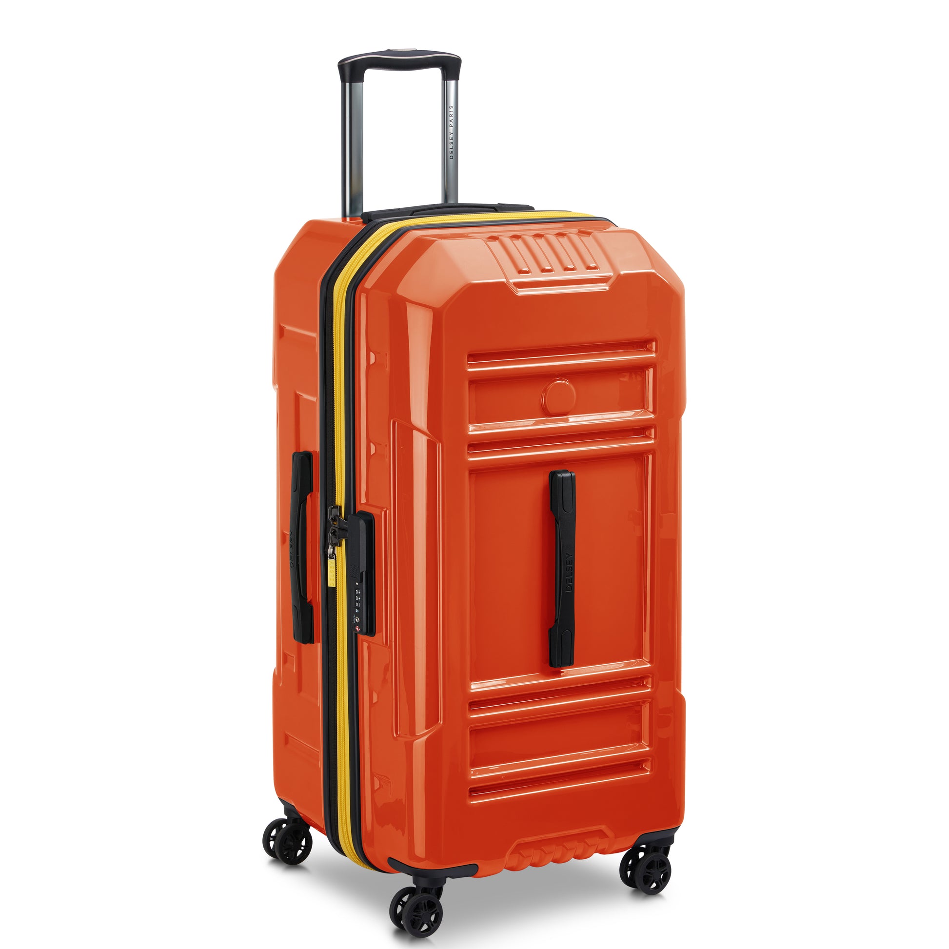 Mala trunk grande expansível na cor laranja da DELSEY, rígida em policarbonato, com design resistente, rodas giratórias e alça retrátil para viagem.