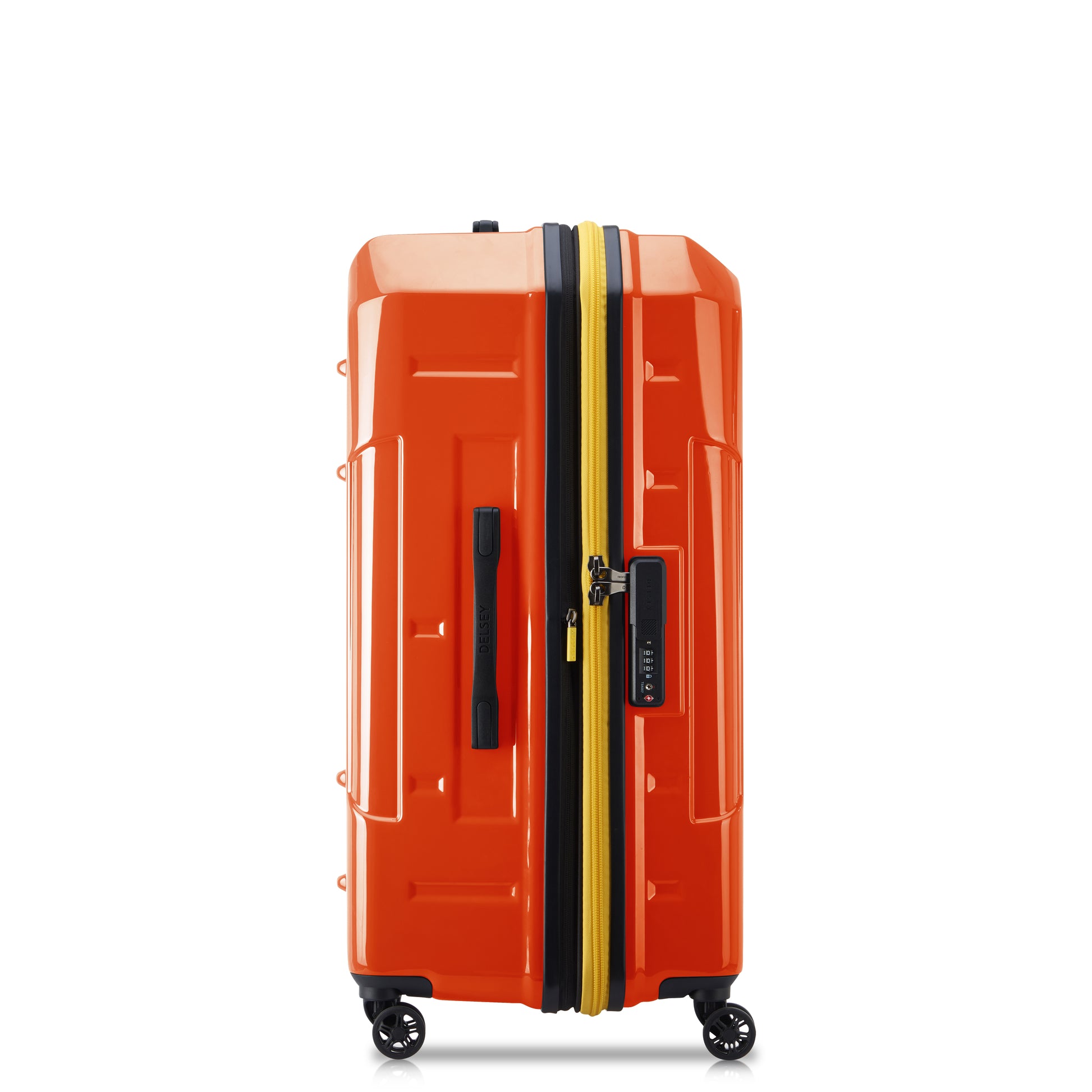 Mala grande rígida expansível na cor laranja com zíper amarelo, alça lateral e rodízios duplos, design moderno da DELSEY para viagens duráveis e seguras.